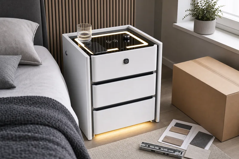 Smarte Nachtkommode mit Materialmustern und Verpackungsprüfung für deutsche Möbelhändler
