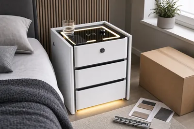 Smarte Nachtkommode mit Materialmustern und Verpackungsprüfung für deutsche Möbelhändler